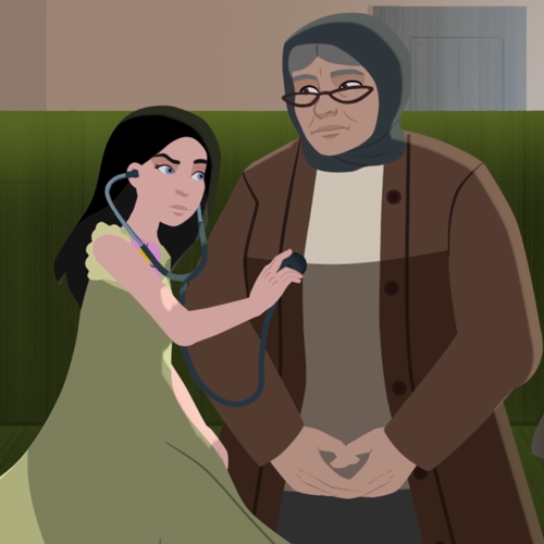 Çizimde yeşil elbiseli, mavi gözlü, siyah-uzun saçlı bir kız, elindeki stetoskopla yaşlı bir kadının göğsünü dinliyor. İkisi de yeşil kanepeye oturmuşlar. Yaşlı kadın kahverengi hırka giyip gözlükle başörtü takmış.