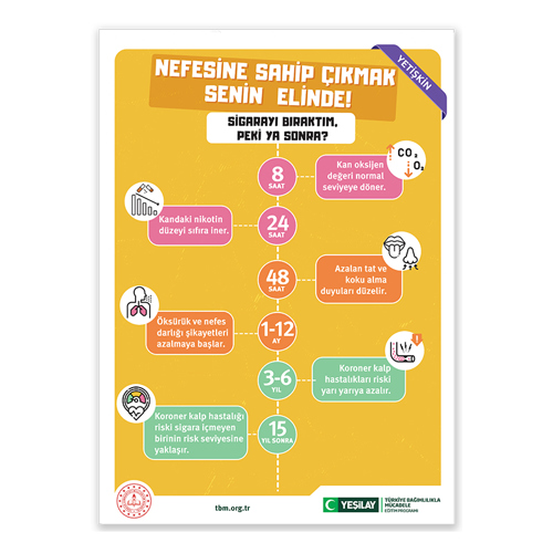 Sağ üst köşesinde yetişkin yazan, hardal sarısı zeminli afişte “Nefesine sahip çıkmak senin elinde” başlığına yer verilmiş. Başlığın hemen altında “Sigarayı bıraktım. Peki ya sonra?” yazılı. Sorunun altında yukarıdan aşağı doğru sırayla, “8 saat, 24 saat, 48 saat, 1-12 ay, 3-6 yıl ve 15 yıl sonra” yazıyor. Zaman aralıklarını veren bu rakamların yanında açıklama kutuları var. İçinde “8 saat” yazan dairenin yanındaki kutuda “Kan, oksijen değeri normal seviyeye döner” yazısı ve oksijen sembolü var. İçinde “24 saat” yazan dairenin solunda kutuda “kandaki nikotin düzeyi sıfıra iner” yazısı ve izmaritler ve düşüşte olan bir grafik resmi; içinde “48 saat” yazan dairenin yanındaki kutuda “azalan tat ve koku alma duyuları düzelir” yazısı ve ağızdan dışarı uzanan bir dille, altından deliklerine oklar uzanan bir burun görseli; içinde “1-12 ay” yazan dairenin solundaki kutuda “öksürük ve nefes darlığı şikayetleri azalmaya başlar” yazısı ve akciğerleri kırmızı görünen bir insan görseli; içinde “3-6 yıl” yazan dairenin yanındaki kutuda “karaciğer, kalp hastalıkları riski yarı yarıya azalır” yazısı ve damar ve ünlem işaretli bir görsel; içinde “15 yıl sonra” yazan dairenin yanındaki kutuda “karaciğer, kalp hastalığı riski sigara içmeyen birinin risk seviyesine yaklaşır” yazısı ve gösterge ibresinde kalp görseli yer alıyor. Sol alt köşede Milli Eğitim Bakanlığının logosu; ortadaysa tbm.org.tr adresi bulunuyor. Sağ alt köşede yeşil hilal simgeli Yeşilay logosun yanına “Yeşilay” yazılmış. Logonun yanında “TÜRKİYE BAĞIMLILIKLA MÜCADELE EĞİTİM PROGRAMI” yazıyor.
