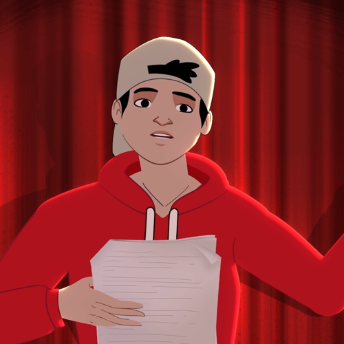 Çizimde, siyah saçlı bir genç erkek, kırmızı sahne perdesinin önünde durmuş, elindeki tekste bakarak ezber yapıyor. Kırmızı bir sweatshirt giyip, krem rengi siperli şapkasını ters takmış.