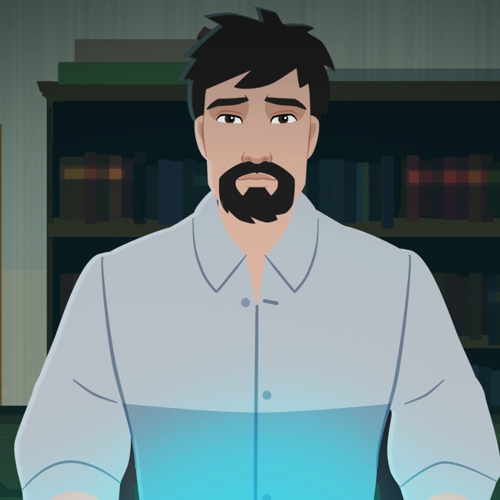 Çizimde siyah saçlı, siyah top sakallı, siyah gözlü, mavi gömlekli, yapılı bir adam kitaplığın önüne oturmuş, karşıya bakıyor.