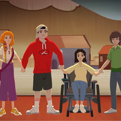 Çizimde turuncu saçlı genç kız, siyah gözlü bir genç adam, tekerlekli sandalyede oturan küt saçlı genç kız ve yeşil tişörtlü bir genç adam müstakil evlerin olduğu sokak dekorlu tiyatro sahnesinde izleyiciyi selamlamak üzere el ele tutuşmuş.