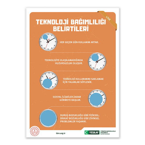 Sağ üst köşesinde ilkokul yazan “Teknoloji elimde kontrol bende”, başlıklı çizim afişte yukarıdan aşağı doğru, sağlı sollu altı çizime yer verilmiş. Sağ taraftaki birinci dairede kızıl saçlı kız çocuğu ellerinin arasındaki telefona bakıyor. Yanında “iyi hissetmediğinde dur” yazıyor. Sol taraftaki ikinci dairede kahverengi saçlı oğlan çocuğu, mavi nevresim serili yatağında uyuyor. Yanında “Uyku saatinde dur” yazıyor. Sağ taraftaki üçüncü dairede sekizi gösteren masa saati çalıyor. Yanında “Ne kadar süre geçtiğini düşün” yazıyor. Sol taraftaki dördüncü dairede kahverengi saçlı oğlan çocuğu org çalıyor. Yanında “Teknolojik araçlarla ne yaptığını düşün” yazıyor. Sol taraftaki beşinci dairede kızıl saçlı kız çocuk, egzersiz yapıyor. yanında “Teknolojik cihazlarla oynadığın oyunu arkadaşlarında bahçede oynadığın oyunla değiştir” yazıyor. Sol taraftaki sonuncu dairede kahverengi saçlı oğlan çocuğuyla sarı saçlı kız çocuğu, uçurtma uçuruyor. Yan tarafta “Hareketsizliği hareket ile değiştir” yazıyor. Afişin sol alt köşesinde Milli Eğitim Bakanlığının logosu; ortadaysa tbm.org.tr adresi bulunuyor. Sağ alt köşede yeşil hilal simgeli Yeşilay logosun yanına “Yeşilay” yazılmış. Logonun yanında “TÜRKİYE BAĞIMLILIKLA MÜCADELE EĞİTİM PROGRAMI” yazıyor.