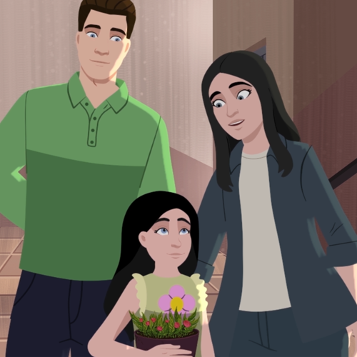 Çizimde siyah saçlı, mavi gözlü kız çocuğu, kucağına saksı çiçeği almış, koridorda anne babasının önünde duruyor. Anne babası siyah saçlı kıza bakarken siyah saçlı kızın bakışları, elini onun sırtına koyan annesinde.