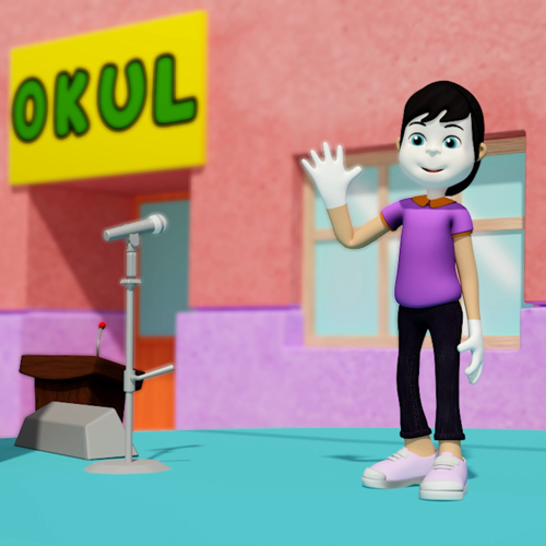 Çizimde siyah saçlı, yeşil gözlü, mor tişörtlü, siyah pantolonlu bir kız, okulun önünde, kürsüyle ayaklı mikrofonun yanında durmuş, el sallıyor.