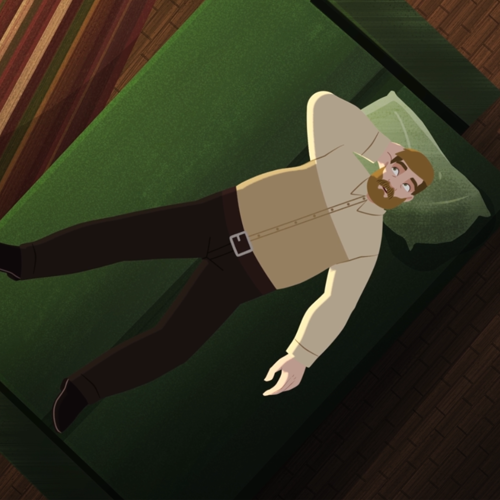 Çizimde sakallı, yapılı bir adam üzerinde gömleği, pantolonu ve ayakkabılarıyla, açılmış yeşil kanepeye sırt üstü uzanmış. Başını yeşil bir yastığa koyup bacaklarını aralamış yapılı adam, sağ elini başının altında sıkıştırmış, öylece tavana bakıyor.