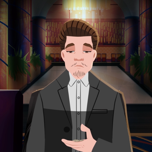 Çizimde kahverengi kabarık saçlı, ince bıyıklı, çene sakallı genç bir adam, iki tarafında kolonlar olan, gösterişli bir avizeyle aydınlanmış salonda ortadaki büyük masanın önünde durmuş, avucundaki bozuk paraya benzer nesnelere bakıyor.