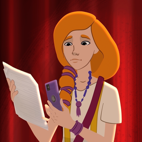 Çizimde kırmızı sahne perdesinin önündeki turuncu saçlı, turuncu kaşlı, gözleri nemli bir genç kız, bir eline tekst, diğer elinde telefonunu almış, çalışıyor. Kız, beyaz bir tişört giyip mavi boncuklu, mor uçlu bir kolye takmış. Uzun saçlarını, mor tokalarla bağlayıp sağ omzundan göğsüne salmış.