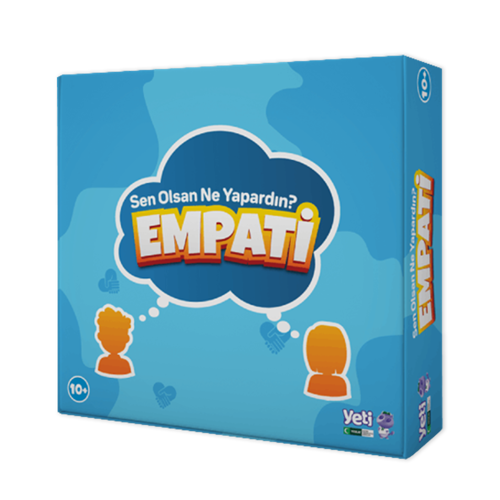 Görselde “EMPATİ” adlı kutu oyununa yer verilmiş. Dikey duran kutunun mavi renkli ön yüzeyinin ortasında, beyaz kontörlü, lacivert bir bulut var. İçinde küçük, beyaz harflerle “Sen olsan ne yapardın?”, kalın puntolu, sarı ve kızıl kontörlü, beyaz, büyük harflerle “EMPATİ” yazıyor. Bulutun altından, düşünce balonu gibi sağ ve sol tarafa uzanan noktaların uçlarında bir kız ve bir oğlan çocuğunun turuncu silüetleri var. Sağ alt köşede “yeti” yazısının altında Yeşilay logosuna, yanındaysa mor kedinin görseline yer verilmiş. Sol alt köşede daire içinde 10+ yazıyor. Kutunun sağ tarafındaysa yine aynı yazılarla aynı bilgiler bulunuyor.