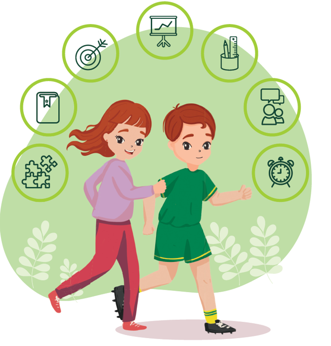 "Çizimde, ortaokul çağındaki kızıl saçlı bir kız çocuğuyla kızıl saçlı bir oğlan çocuğu, yeşil bir ortamda bitkilerin arasında koşuyor. Gülümseyen kız çocuğunun yanından başlayıp oğlan çocuğunun yanında sonlanan yarım daire şeklinde yedi tane çember sıralanmış durumda. Çemberlerin içindeki görseller, soldan sağa doğru şu şekilde: Dört tane yapboz parçası Telefon Merkezine ok saplanmış bir hedef tahtası Yükselen bir grafik çizilmiş tahta İçinde cetvel ve kalem olan kalemlik Üstlerinde düşünce balonları olan iki insan figürü 9’u gösteren bir çalar saat Bu canlı ve hareketli kompozisyon, çocukların enerjik yapısını ve öğrenmeye yönelik çeşitli sembolleri bir arada sunarak dinamik bir anlatı oluşturuyor."