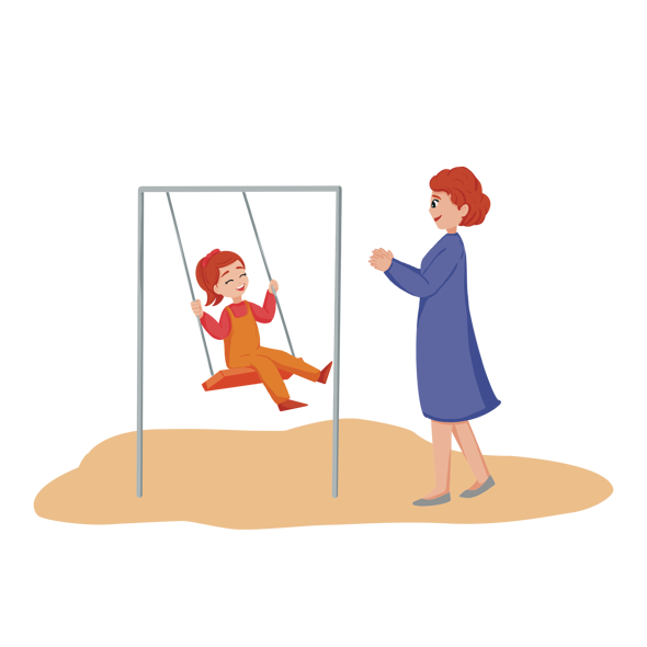 Çizimde gülerken gözleri kapanan kızıl saçlı kız çocuğu, neşeyle salıncakta sallanıyor. Karşısında duran mavi elbiseli, kızıl saçlı kadın, ellerini alkışlar gibi tutmuş, gülümseyerek onu izliyor. 