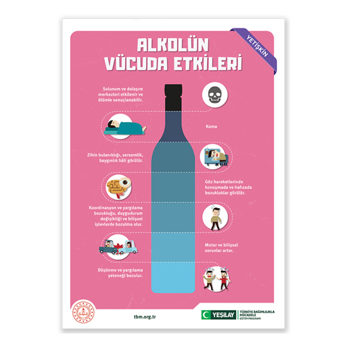 Sağ üst köşesinde “yetişkin” yazan afişin başlığı “Alkolün vücuda etkileri” şeklinde. Büyük, beyaz harflerle yazılan başlığın altında dikey bir şişe var. Şişe açık maviden başlayıp yukarı doğru koyulaşarak kapağa geldiğinde siyaha dönüşüyor. Şişenin kapağının altından başlayan kesik çizgiler, yılan gibi sırayla beş kez kıvrılarak sola ve sağa uzanmış. Her bir kıvrımın yanında görsellere ve yazılara yer verilmiş. Bunlar sırasıyla şunlar; “Solunum ve dolaşım merkezleri etkilenebilir. Ölümle sonuçlanabilir” yazısının yanında kuru kafa görseli; üstünde yorganla yatan bir adam görselinin yanında “koma” yazısı; “Zihin bulanıklığı, sersemlik ve baygınlık hali görünür” yazısının yanında elinde kadehle başını masadan kaldıramayan bir adam görseli; sağ-üst köşesinde büyük bir göz bulunan sarı bir beyin görselinin yanında “göz hareketlerinde konuşmada ve hafızada bozukluklar görülür” yazısı; “Koordinasyon ve yargılama bozukluğu, duygu durum değişikliği ve bilişsel işlevlerde bozulma olur” yazısının yanında ayakta durmakta zorlanan adam görseli; çarpışan iki otomobil görselinin yanında “motor ve bilişsel sorunlar artar” yazısı; “Düşünme ve yargılama yeteneği bozulur” yazısının yanında kavga eden iki adam görseli var. Sol alt köşede Milli Eğitim Bakanlığının logosu; ortadaysa tbm.org.tr adresi bulunuyor. Sağ alt köşede yeşil hilal simgeli Yeşilay logosun yanına “Yeşilay” yazılmış. Logonun yanında “TÜRKİYE BAĞIMLILIKLA MÜCADELE EĞİTİM PROGRAMI” yazıyor.