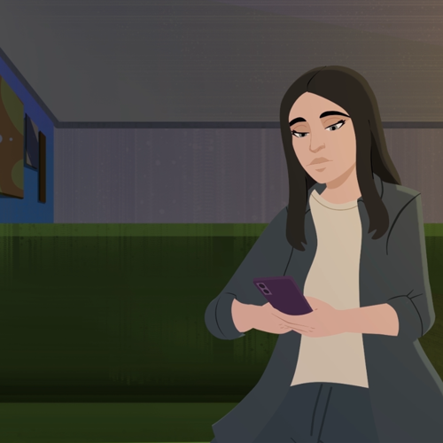 Çizimde siyah uzun saçlı, mavi gözlü, gri ceketli genç kadın yeşil kanepeye oturmuş, ellerinin arasındaki mor telefona bakıyor.