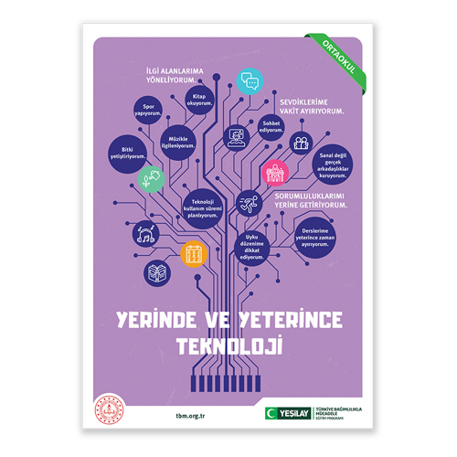 Mor afişte dallarının ucunda içinde yazı olan daireler olan bir ağaç çizilmiş. Altta “Yerinde ve yeterince teknoloji” yazan ağacın birbirleriyle bağımlı bazı dalların uçlarındaki lacivert dairelerde yer alan görseller; kitap, takvim, notalar ve kulaklık, koşu yapan ve bilgisayar başında oturan birer insan figürü; yazılar ise teknoloji kullanım süremi planlıyorum, bitki yetiştiriyorum, müzikle ilgileniyorum, spor yapıyorum, kitap okuyorum, sohbet ediyorum, sanal değil gerçek arkadaşlıklar kuruyorum, uyku düzenime dikkat ediyorum, derslerime yeterince zaman ayırıyorum. Sol taraftaki sarı dairede bir takvim; yeşil dairede sulanan bir bitki; sağ taraftaki pembe dairedeyse yemek masasında oturan bir çocuk var. Aynı zamanda sağ taraftaki dalların arasında büyük, beyaz harflerle “Sorumluluklarımı yerine getiriyorum” yazıyor.