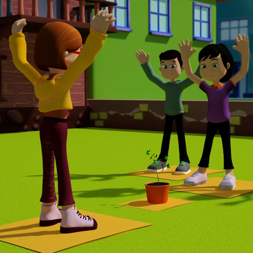 Çizimde ikisi kız biri oğlan 3 çocuk, bahçede sarı matların üstünde spor yapıyor. Kahverengi küt saçlı, kırmızı gözlüklü, sarı tişörtlü kız, bacaklarını omuz hizasında aralayıp kollarını yukarı kaldırmış. Karşısındaki iki çocuk onun gösterdiklerini yapıyor. Aralarındaki küçük matın üstünde yeşil bir saksı çiçeği var.