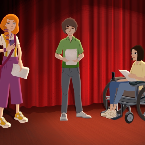 Çizimde turuncu saçlı genç kız, yeşil tişörtlü, mavi pantolonlu, kahverengi saçlı genç adam ve tekerlekli sandalyede oturan küt saçlı genç kız, ellerinde tekstlerle tiyatro sahnesinde kırmızı perdenin önünde prova yapıyorlar. Turuncu saçlı, mor pantolonlu genç kız, elindeki telefona bakıyor.