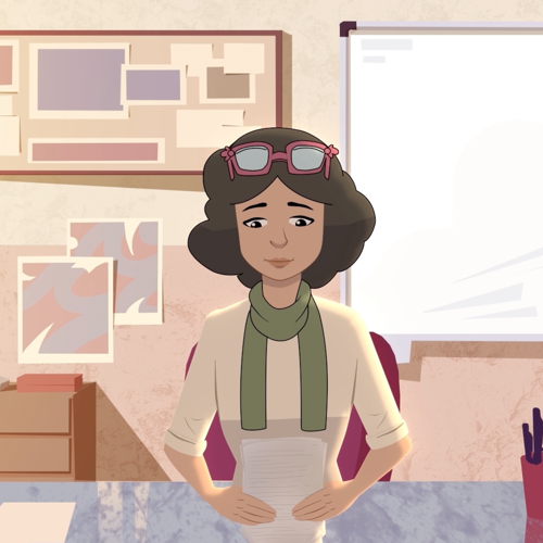 Çizimde öğretmen masasında oturan kabarık saçlı, siyah gözlü bir kadın öğretmen, ellerinin arasındaki kağıtları düzeltiyor. Krem rengi bir kazak giyip yeşil fular takmış, pembe çerçeveli gözlüğünü başına kaldırmış. Arkasında pano ve beyaz sınıf tahtası var.