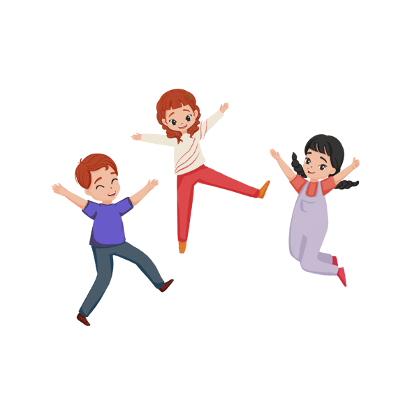 Çizimde ortaokul çağındaki ikisi kız bir oğlan üç çocuk kollarını açıp neşeyle havaya zıplamış.