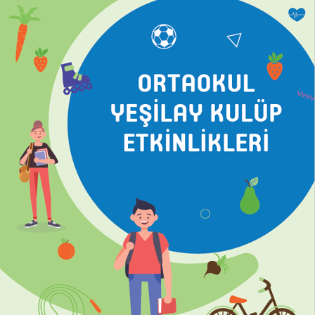 "Çizimde, tamamı görünmeyen yeşil bir hilalin yanına, ortasında büyük beyaz harflerle üç satır halinde “ORTAOKUL YEŞİLAY KULÜP ETKİNLİKLERİ” yazan kocaman mavi bir daire çizilmiş.
Hilal ve dairenin üzerinde dağınık halde çeşitli görseller yer alıyor: kalp, üçgen, paten, çilek, havuç, portakal, turp, futbol topu, atlama ipi, bisiklet ve armut.
Dairenin sol tarafında ortaokul çağında, topuz saçlı, siyah kazaklı ve pembe taytlı bir kız çocuğu duruyor. Çantasını sağ omzuna takmış ve kitaplarını sol elinde tutuyor.
Dairenin alt kısmındaysa siyah saçlı, pembe tişörtlü ve mavi pantolonlu bir oğlan çocuğu yer alıyor. Çantasını sırtına takmış, kırmızı kaplı kitabını sağ elinde tutuyor ve kocaman gülümsüyor.
Bu canlı ve neşeli kompozisyon, ortaokul çağındaki çocukların enerjisini ve etkinliklere olan ilgisini etkileyici bir şekilde yansıtıyor."
