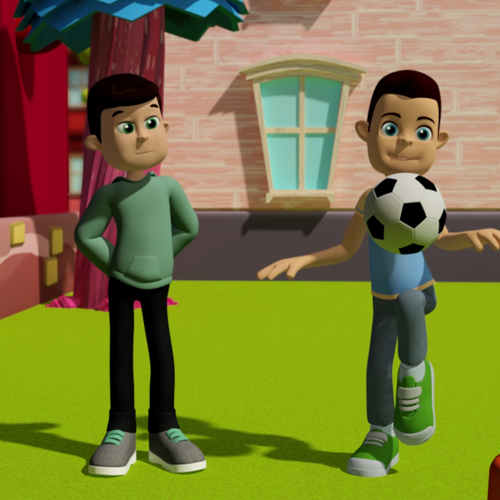 Çizimde, mavi gözlü, kahverengi saçlı, mavi tişörtlü, kot pantolonlu oğlan çocuğu, pembe bir evin yemyeşil bahçesinde bacağında futbol topu sektirirken yanındaki yeşil gözlü, siyah saçlı, yeşil tişörtlü oğlan çocuğu, ellerini arkasında bağlamış, onu izliyor.