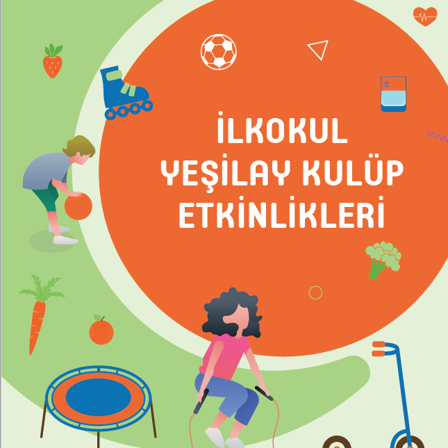 "Çizimde, tamamı görünmeyen yeşil bir hilalin yanına, ortasında büyük beyaz harflerle üç satır halinde “İLKOKUL YEŞİLAY KULÜP ETKİNLİKLERİ” yazan kocaman turuncu bir daire çizilmiş.
Hilal ve dairenin üzerinde dağınık halde çeşitli görseller yer alıyor: kalp, üçgen, paten, çilek, havuç, domates, futbol topu, trambolin, scooter ve brokoli.
Dairenin sol tarafında, ilkokul çağında bir çocuk yer alıyor. Mor tişörtlü ve yeşil şortlu olan bu çocuk, yerde basketbol topu sektiriyor.
Dairenin alt kısmındaysa, kıvırcık siyah saçlı, pembe tişörtlü ve mavi pantolonlu bir kız çocuğu ip atlıyor.
Bu eğlenceli ve renkli kompozisyon, ilkokul çağındaki çocukların hareketli ve enerjik dünyasını başarılı bir şekilde yansıtıyor.