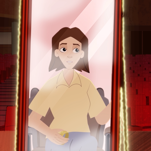 Çizimde boş bir tiyatro salonunun sahnesinde sandalyede oturan küt saçlı bir genç kızın buğulu aynadaki yansıması görünüyor. Kadın sağ elinde altın sarısı bir bilezik tutuyor.