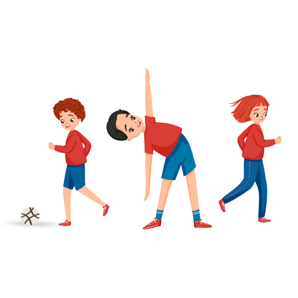 Çizimde lise çağlarındaki ikisi oğlan biri kız, üç çocuk birbirlerinden bağımsız halde gülümseyerek spor yapıyor. Çocukların formaları kırmızı üst ve lacivert alttan oluşuyor. Sağdaki çocuk koşu yaparken soldaki çocuk futbol topunun peşinde koşuyor. Ortadaki çocuk, bacaklarını aralayıp, kollarını açarak ayak ucuna değmeye çalışır gibi üst bedenini sola eğmiş.