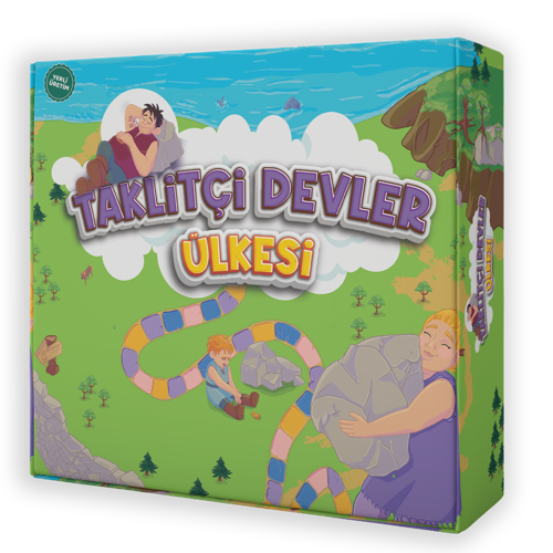 Çizimde üzerinde “Taklitçi devler ülkesi” yazan bir kutu oyununa yer verilmiş. Dikey duran kutunun ön yüzünde balıkların daldığı deniz kenarında yemyeşil bir koy var. Koyun deniz tarafındaki kısmında kocaman bembeyaz bir bulut çizili. Bulutun sol tarafındaki beyaz çemberde siyah saçlı, mor atletli, mavi pantolonlu bir dev adam, başını taşa koymuş, uyuyor. Bulutun ortasında iki satır halinde büyük harflerle “TAKLİTÇİ DEVLER ÜLKESİ” yazıyor. “TAKLİTÇİ DEVLER” mor, “ÜLKESİ” kelimesi sarıyla yazılmış. Bulutun altından başlayan renkli taşlarla döşeli, kıvrımlı yol, sağ alt köşedeki kocaman bir kayayı taşıyan sarı saçlı, mor tunikli dev kadının yanında son buluyor. Sarı saçlı dev oğlan çocuğuysa kıvrımlı yolun kenarında yere oturmuş kahverengi bir köpekle oynuyor. Onların yanında köpek ve ağaçlar karınca kadar küçücük kalmış. Sol üst köşede “yerli üretim” yazan damga sembolü var.