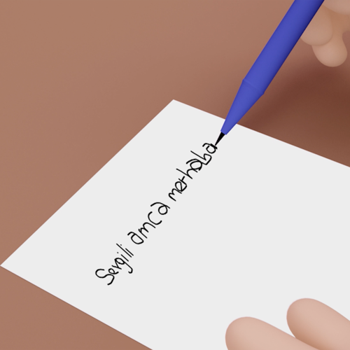 Çizimde sadece elleri görünen bir çocuk, önündeki beyaz kâğıda, siyah uçlu mavi bir kalemle “sevgili amca merhaba” yazmış.