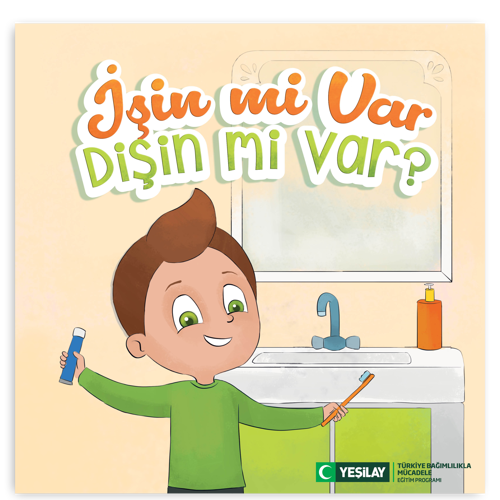 Çizimde kahverengi saçlı oğlan çocuğu bir elinde diş macunu, diğer elinde diş fırçasıyla kollarını açmış, gülümseyerek lavabonun önünde duruyor. Banyoda, arkasındaki lavabonun üzerinde kare ayna asılı. Yukarıda turuncu, küçük harflerle “İşin mi var”; yeşil, küçük harflerle “Dişin mi var” yazıyor. Resmin sağ alt köşesinde yeşil hilal simgeli Yeşilay logosun yanına “Yeşilay” yazılmış. Logonun yanında “TÜRKİYE BAĞIMLILIKLA MÜCADELE EĞİTİM PROGRAMI” yazıyor.