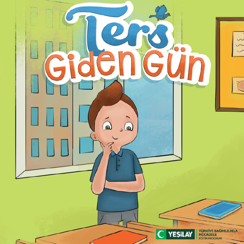 Kahverengi saçlı, yeşil gözlü, mavi tişörtlü oğlan çocuğu, boş sınıfta pencereye arkasını dönüp üstlerinde kitap olan sıraların yanında durmuş, eli çenesine yaslı halde düşünüyor. Resmin üst kısmında “Ters giden gün” yazıyor. Birinci satırdaki “ters” kelimesi mavi, ikinci satırdaki “giden gün” kelimeleri de turuncuyla yazılmış. “Ters” kelimesinin sonundaki s harfine mavi bir kuş konmuş. Resmin sağ alt köşesinde yeşil hilal simgeli Yeşilay logosun yanına “Yeşilay” yazılmış. Logonun yanında “TÜRKİYE BAĞIMLILIKLA MÜCADELE EĞİTİM PROGRAMI” yazıyor.