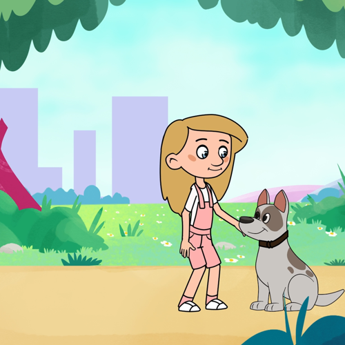 Resimde uzun sarı saçlı, beyaz tişörtlü, pembe tulum şortlu bir kız, yeşilliklerin arasındaki toprak yolda, yanında gülümseyerek oturan siyah tasmalı, gri tüylü, sivri kulaklı köpeğin yanağını okşuyor. Beyaz papatyalarla bezeli yeşil çayırların ötesinde uzun uzun blokların silüetleri görünüyor.