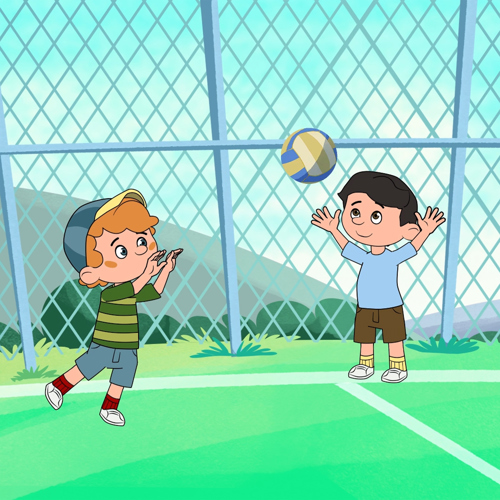 Resimde biri turuncu diğeri siyah saçlı iki oğlan çocuğu, etrafı tellerle çevrili sahada voleybol oynuyor. Topu siyah saçlı çocuğa atan turuncu saçlı çocuk, avuçları karşıya bakacak şekilde ellerini kaldırmış bekliyor.  Siyah saçlı çocuk, topu karşılamak üzere ellerini yukarı kaldırmış.