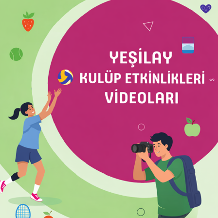 "Çizimde, tamamı görünmeyen yeşil bir hilalin yanına, ortasında büyük beyaz harflerle üç satır hâlinde “LİSE YEŞİLAY KULÜP ETKİNLİKLERİ” yazan kocaman lacivert bir daire çizilmiş.
Hilal ve dairenin üzerinde dağınık hâlde çeşitli görseller yer alıyor: kalp, üçgen, basketbol topu, paten, çilek, portakal, turp, elma, tenis raketi, MP3 çalar ve dambıl.
Dairenin sol tarafında, mavi çantasını sol omzuna takmış, kitaplarını sağ elinde tutan lise çağındaki bir genç erkek bulunuyor. Siyah saçlı, siyah tişörtlü ve mavi pantolonlu bu genç, sol elini sevinçle yukarı kaldırmış.
Dairenin alt kısmındaysa, çantasını sol omzundan çapraz takmış ve kitabını sol elinde tutan siyah saçlı bir liseli kız yer alıyor. O da zafer ve sevinçle ellerini yukarı kaldırmış.
Bu dinamik kompozisyon, gençlerin enerjisini ve etkinliklere olan katılımlarını neşeyle yansıtıyor."
