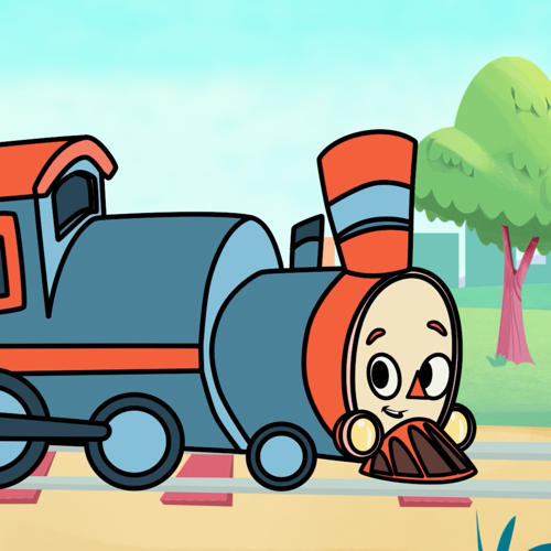 Çizimde kırmızı gövdeli, yeşil yapraklı bir ağaç ve yemyeşil çayırların yanındaki raydan geçen gülen suratlı turuncu-mavi bir tren var.