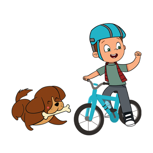 Çizimde mavi bir bisiklete binen yeşil gözlü bir oğlan çocuğu, sağ eliyle gidonu tutarken, sol yumruğunu zafer ifadesiyle yukarı kaldırmış, gülümseyerek yan tarafa bakıyor. Mavi kaskla kırmızı fular takıp gri pantolon giymiş. Yanındaki sevimli, kahverengi, yavru köpek ağzına bir kemik alıp gözlerini kapatmış, yerde uzanıyor.