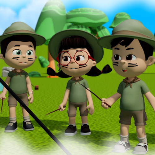 Çizimde ikisi oğlan biri kız, üç çocuk üstlerinde izci kıyafetleri, ellerinde çomaklarla yemyeşil bir ormandalar. Yeşil tişörtlerle kahverengi şortlar giyip yeşil şapkalarla, kahverengi fularlar takmışlar. Üçünün yanaklarına da ikişer şerit halinde siyah savaş boyaları çekilmiş.