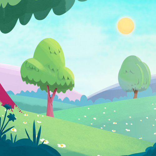 Resimde, ön planda iki ağacın olduğu yemyeşil bayırlarda beyaz papatyalar açmış. Güneş, sağ üst köşede sarı ışık saçıyor. Karşıda ormanlık alan, pembe ve lacivert dağlar görünüyor.