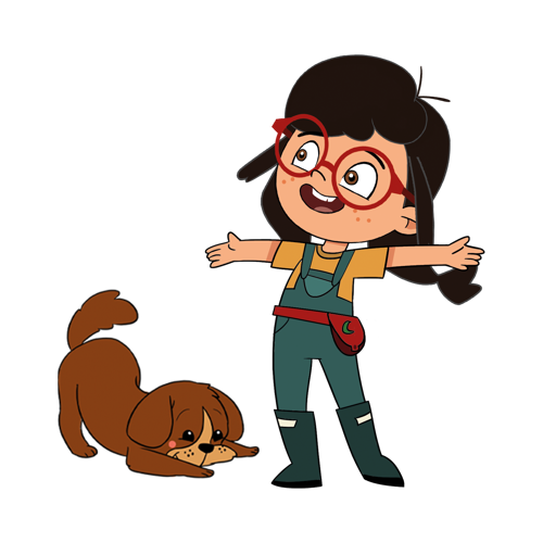 Çizimde sarı tişörtle, mavi tulum giymiş, kırmızı yuvarlak çerçeveli gözlük takan siyah saçlı bir kız çocuğu, başını sola çevirip kollarını açmış, kocaman gülümseyerek yukarı bakıyor. Yanındaki sevimli, kahverengi, yavru köpek başını ve ön patilerini yere koyup poposunu yukarı kaldırmış.