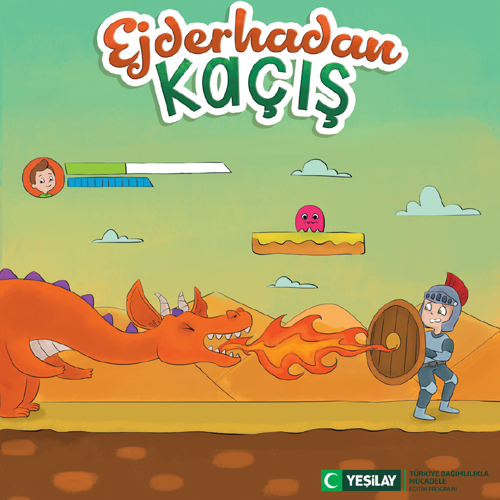 Resimde, bilgisayar oyunundan bir kare var. Gri zırhlı, gri miğferli erkek oyuncu, elinde kalkanla, ağzından ateş püsküren ejderhadan kaçıyor. Çocuk, tepelerin yanında durup kalkanını ejderhanın püskürttüğü alevlere karşı kendine siper etmiş. Oyunda tepelerin üstündeki dikdörtgen platformda pembe, sevimli bir yaratık var. Sol üst köşede, kahverengi saçlı oğlan çocuğunun profil resminin yanında ne kadar hakkının kaldığını gösteren yatay bir şeride yer verilmiş. Şerifin soldan 3/1’lik kısmı yeşilken, 3/2’lik kısmı beyaz renkte. Yukarıda “Ejderhadan kaçış” yazıyor. Birinci satırdaki “ejderhadan” kelimesi kırmızıyla, ikinci satırdaki “kaçış” kelimesiyse yeşille yazılmış. Resmin sağ alt köşesinde yeşil hilal simgeli Yeşilay logosun yanına “Yeşilay” yazılmış. Logonun yanında “TÜRKİYE BAĞIMLILIKLA MÜCADELE EĞİTİM PROGRAMI” yazıyor.