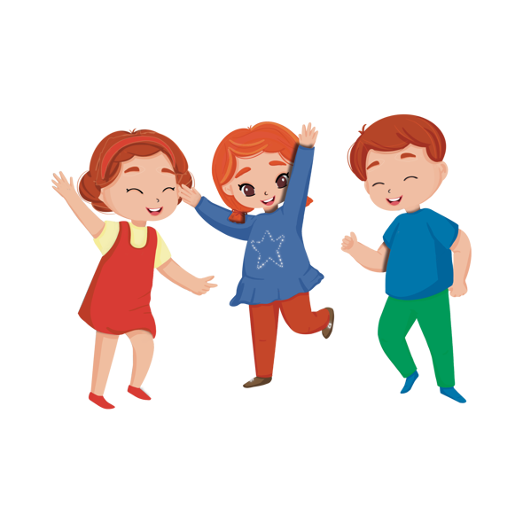 Çizimde anaokulu çağındaki kızıl saçlı, kırmızı elbiseli, kırmızı taçlı kız çocuğu; saçları arkadan iki tarafa ayrılıp uçlarından bağlanmış, mavi kazaklı, turuncu pantolonlu kız çocuğu ve kahverengi saçlı, mavi tişörtlü, yeşil pantolonlu oğlan çocuğu, neşeyle gülerek dans ediyor.
