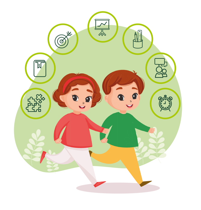 Çizimde anaokulu çağındaki kızıl saçlı, kırmızı taçlı kız çocuğuyla, kahverengi saçlı oğlan çocuğu, yeşil bir ortamda bitkilerin arasında neşeyle koşuyor. Kız çocuğun yanından başlayıp, oğlan çocuğunun yanında sonlanan yarım daire şeklinde yedi tane çember sıralanmış. Çemberlerin içlerindeki görseller soldan sağa doğru sırayla şunlar; dört tane yapboz parçası, sekreter notluğu, merkezine ok saplanmış bir hedef tahtası, yükselen bir grafik çizilmiş bir tahta, içinde cetvelle kalem olan bir kalemlik, üstlerinde düşünce balonları olan iki insan figürü ve 9’u gösteren çalar saat.