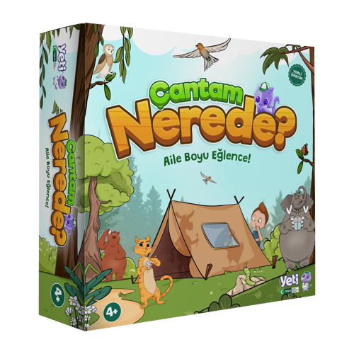 Oyun kutusunun üzerinde “Çantam nerede? Aile boyu eğlence” yazıyor. Dikey duran kutunun ön yüzünde ormana kurulmuş bir kamp çadırı var. Sol taraftaki ağacın dalına bir baykuş konmuş. Ağaçların arasında turuncu kafalı, beyaz bir kuş uçuyor.  Ortada birinci satırda yer alan “çantam” kelimesi küçük, yeşil harflerle; ikinci satırdaki “nerede” kelimesi kahverengi, küçük harflerle; üçüncü satırdaki “aile boyu eğlence” kelimeleriyse ince puntolu, koyu yeşil, küçük harflerle yazılmış. “Nerede” kelimesinin sonundaki e harfinin üstünden yeşil-beyaz şapkalı, sevimli mor bir kedi aşağıdaki çadıra bakıyor. Kahverengi saçlı, mavi tişörtlü oğlan çocuğu; pencereli, üçgen çadırın sol tarafından elini çenesine yaslamış halde düşünceli gözlerle çadırın diğer tarafından geçen kaplanı izliyor. Kaplanın ardında kalan ağacın yanındaki kahverengi, kocaman bir ayı başına bir buz torbası bastırmış.  Çadırın önündeki taşın arkasından yeşil bir yılan bakıyor. Sağ taraftaysa iri cüsseli gri bir fil, ellerinin arasındaki mataradan pipetle su içiyor. Kutunun sağ alt köşesindeki yeşil hilal sembollü Yeşilay logosunun yanına “Yeşilay” yazılıp dikey bir çizgi çekilmiş. Çizginin diğer tarafında “TÜRKİYE BAĞIMLILIKLA MÜCADELE EĞİTİM PROGRAMI” yazıyor. Sol alt köşedeyse, bir daire içinde “4 artı” yazılı.