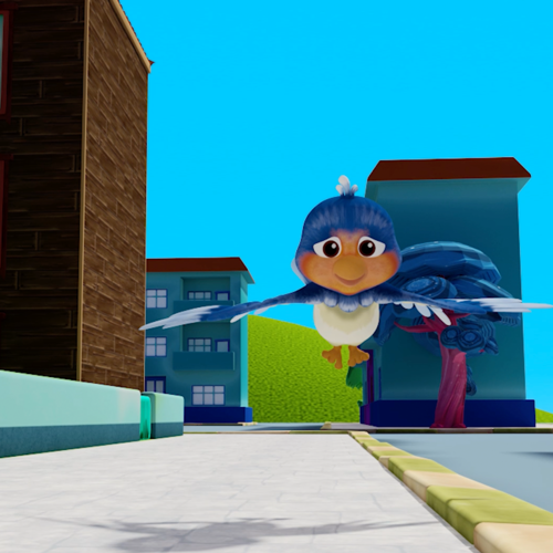 Çizimde güneşli bir günde, mavi bir kuş gülümseyerek kaldırımın üstünde uçarken gölgesi yere yansımış. Sağ tarafında kahverengi bir bina, arkasındaysa pembe gövdeli mavi bir ağaçla, mavi apartmanlar var.