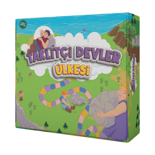 Çizimde üzerinde” taklitçi devler ülkesi” yazan bir kutu oyununa yer verilmiş. Dikey duran kutunun ön yüzünde balıkların daldığı deniz kenarında yemyeşil bir koy var. Koyun deniz tarafındaki kısmında kocaman bembeyaz bir bulut çizili. Bulutun sol tarafındaki beyaz çemberde siyah saçlı, mor atletli, mavi pantolonlu bir dev adam, başını taşa koymuş, uyuyor. Bulutun ortasında iki satır halinde büyük harflerle “TAKLİTÇİ DEVLER ÜLKESİ” yazıyor. “TAKLİTÇİ DEVLER” morla, “ÜLKESİ” kelimesi sarıyla yazılmış. Bulutun altından başlayan renkli taşlarla döşeli, kıvrımlı yol sağ alt köşedeki kocaman bir kayayı taşıyan sarı saçlı, mor tunikli dev kadının yanında son buluyor. Sarı saçlı, dev oğlan çocuksa kıvrımlı yolun kenarında yere oturmuş kahverengi bir köpekle oynuyor. Onların yanında köpek ve ağaçlar karınca kadar küçücük kalmış. Sol üst köşede “yerli üretim” yazan damga sembolü var.