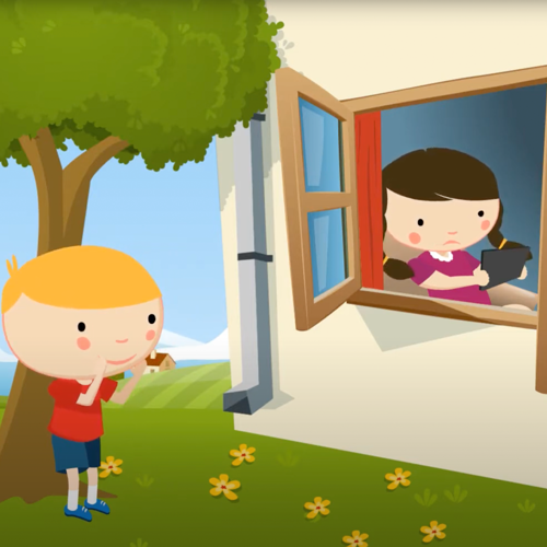 Çizimde yuvarlak yüzlü, mor kıyafetli, uzun saçları iki yandan örgülü bir kız çocuğu, evde açık pencerenin önünde oturmuş, ellerinin arasındaki tablete bakıyor. Sarı saçlı, kırmızı tişörtlü, mavi şortlu bir oğlan çocuğu, yemyeşil bahçede ellerini ağzının kenarlarına yaslamış, pencerenin önünden kız çocuğuna sesleniyor.